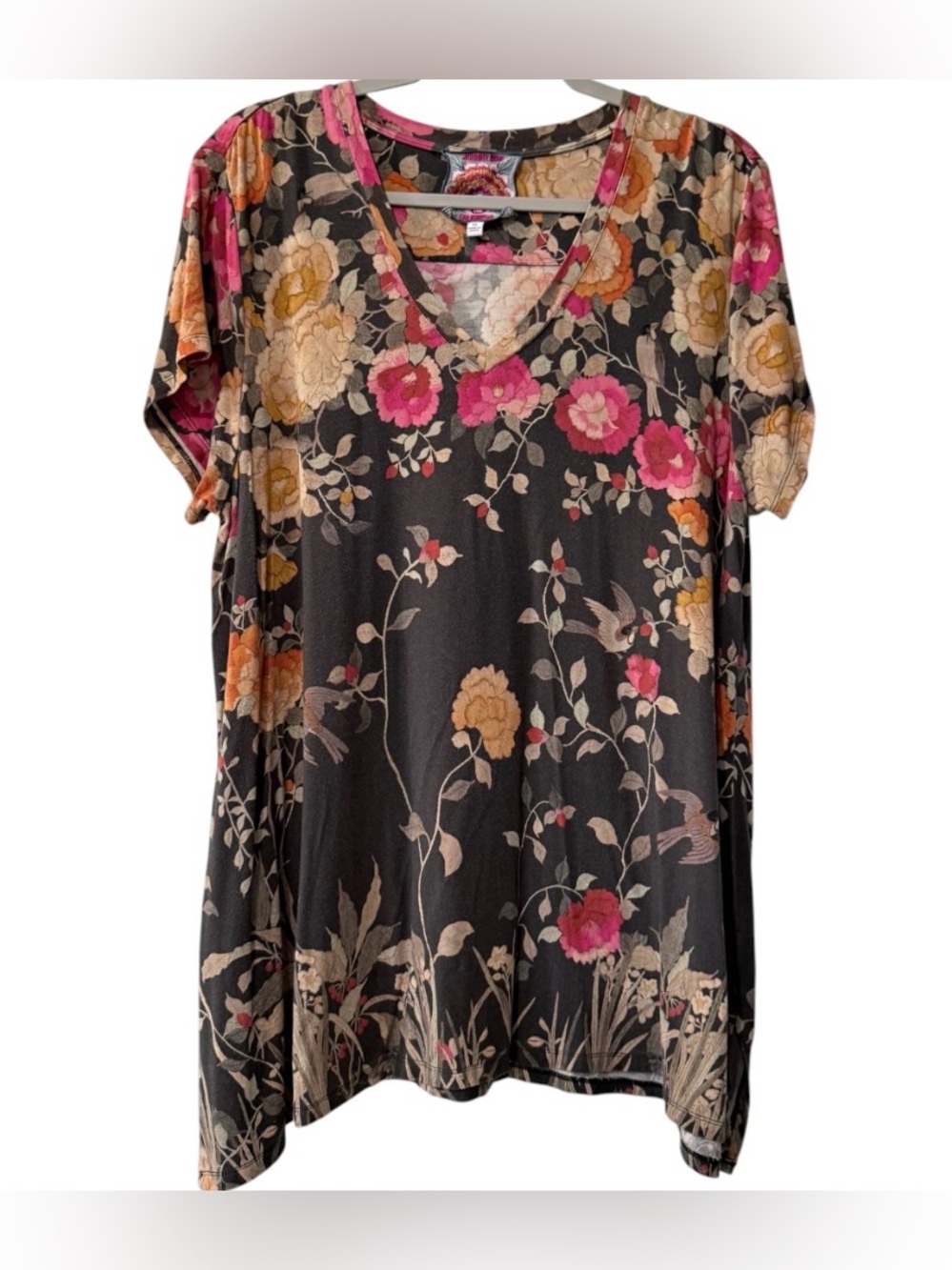 Johnny Was Graceful Drape women’s XL multicolored floral tunic with a bird print